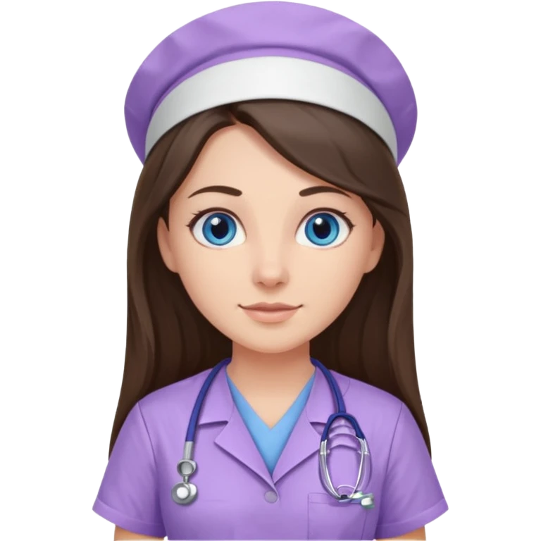 pretty brunette nurse with long hair and blue eyes in lilac scrubs emoji