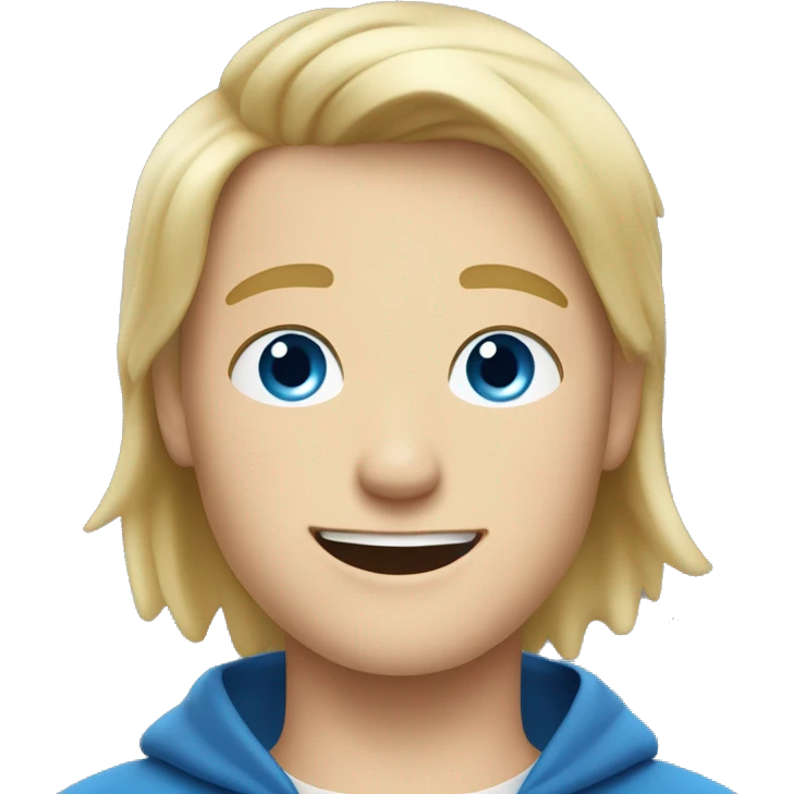 Blonde teen boy with medium short straight hair, little goate beard, blue eyes, waving hi to the camera emoji
