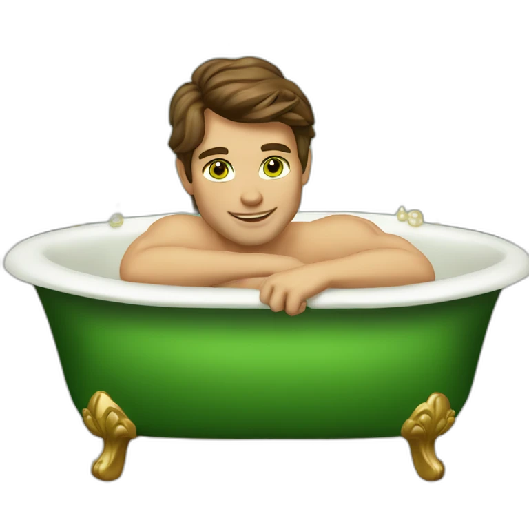 Posh-muscle-boy-brown-hair-green-eyes-pearl-necklace-in-golden-bathtub emoji