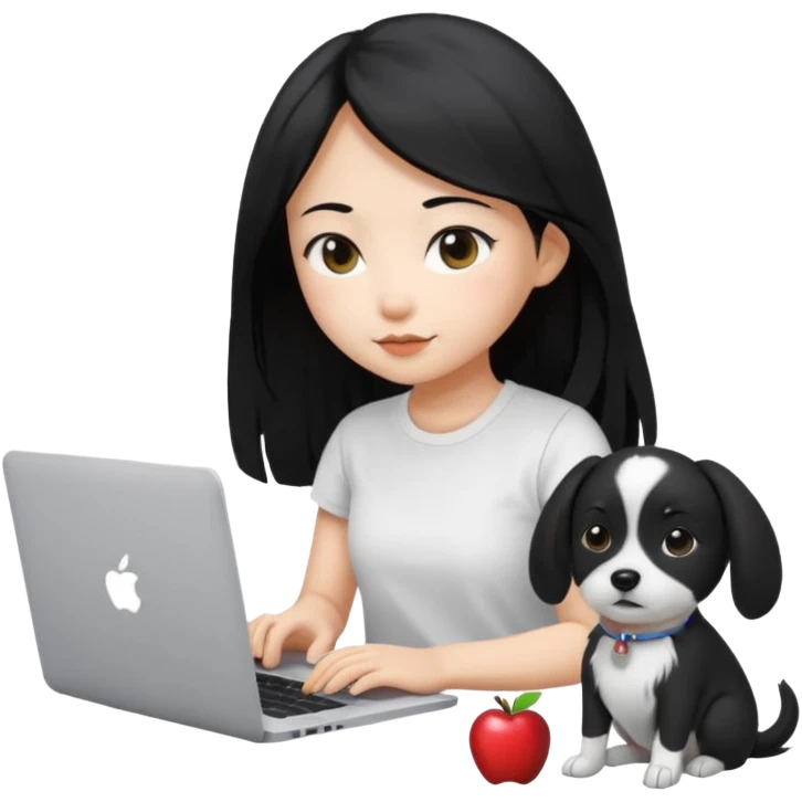 Blue back ground, Asian girl with long black hair , wearing a white t-shirt, working on an Apple laptop, next to her is a small black and white dog emoji