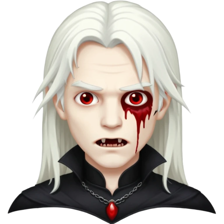 Creat a young man Vampire that have long white hair and white skin and full black eyes and bloody mouth and full black outfit  emoji