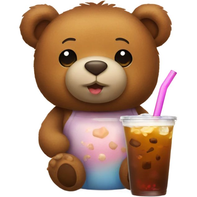 Cute brown teddy bear drinks boba tea emoji