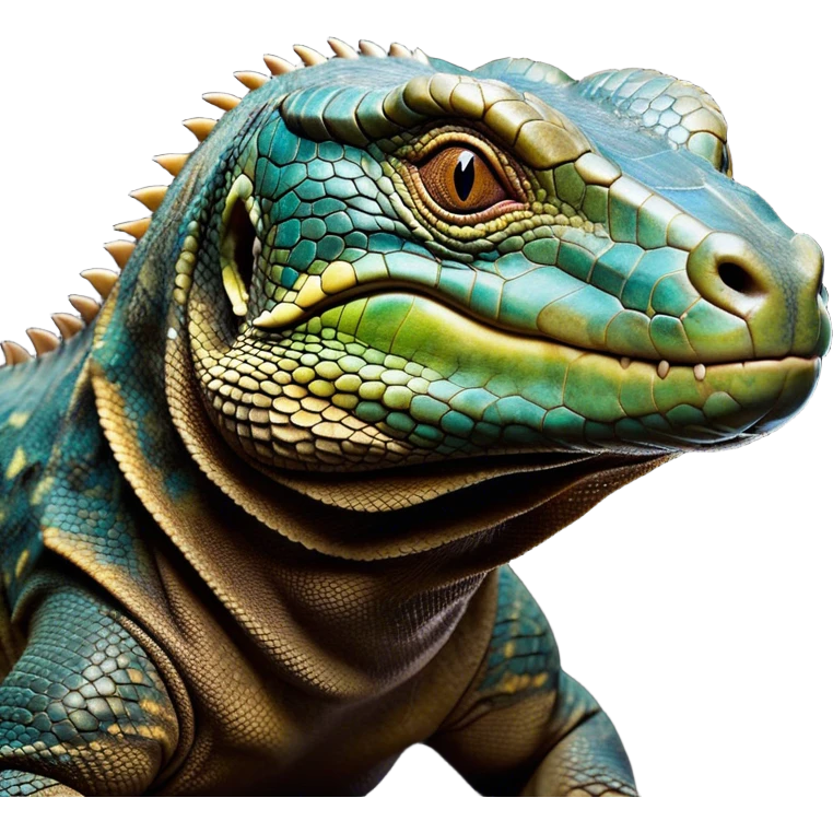 Cinematic Realistic Comical Komodo Dragon Portrait Emoji, Head tilted dramatically with an exaggeratedly amused expression, featuring a striking, glossy scaled hide with bold textures and wide, expressive eyes brimming with playful disbelief, rendered with lifelike detail and natural hues, high shine, dramatic yet playful, styled with an air of cheeky reptilian mischief, soft glowing outline, capturing the essence of a spirited and over‐the‐top Komodo dragon that looks ready to charge its way into viral fame! emoji