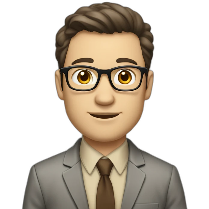 in front of a marker board Pale skinned fit man with dark brown hair in gray jacket, beige office shirt, brown tie, brown pants and vintage glasses. emoji