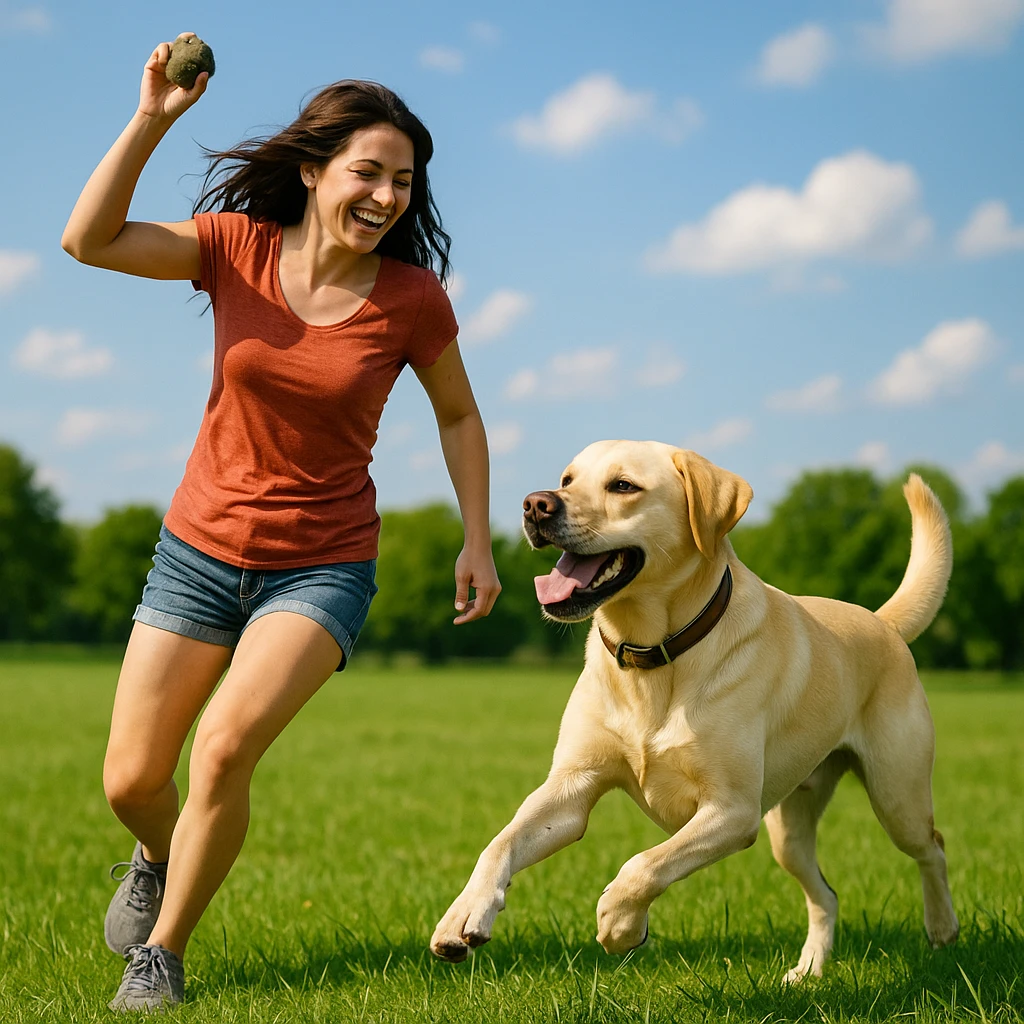 brunette girl playing fetch with a yellow labrador dog, outdoors, energetic and joyful mood, green grass and blue sky emoji