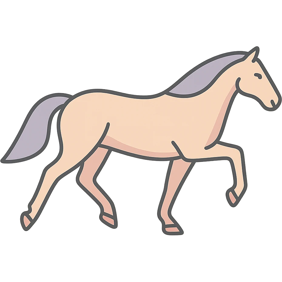 A horse in Chinese eastern style with thin clean contours and soft rounded shapes. The pose matches the reference with both front and back legs still in the air, not touching the ground. Use a pastel palette with colors #98B5BC, #B5B3C1, #C9A3C9, #E4C0CA, #F7DCD1, #F7C0AA. Include detailed shadows and highlights with soft lighting. Transparent background. The style is less cute and without decorative elements. emoji