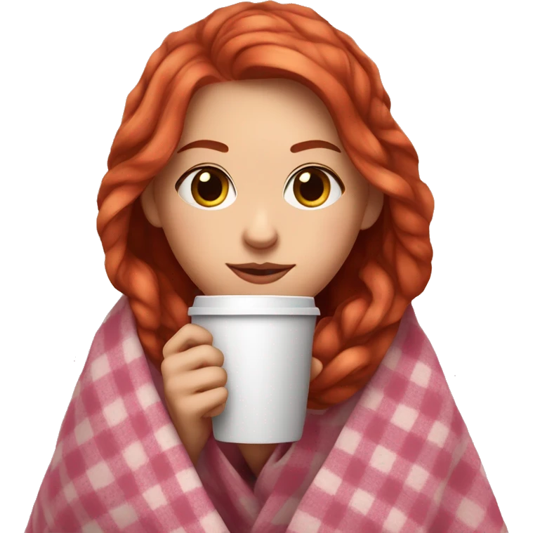 cute auburn red hair girl wrapped in pink plaid blanket drinking coffee emoji
