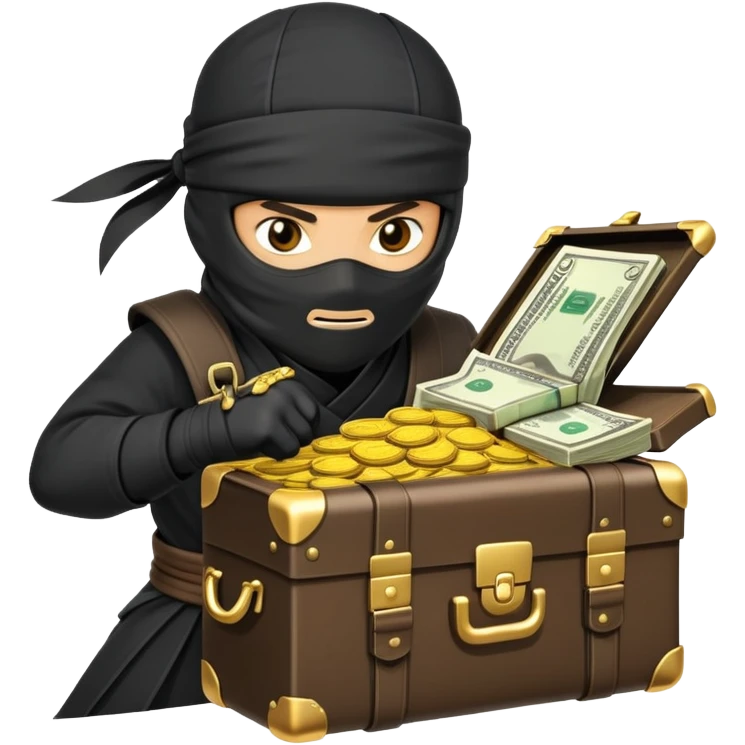 Sneaky ninja character with a treasure briefcase of gold coins and bills emoji