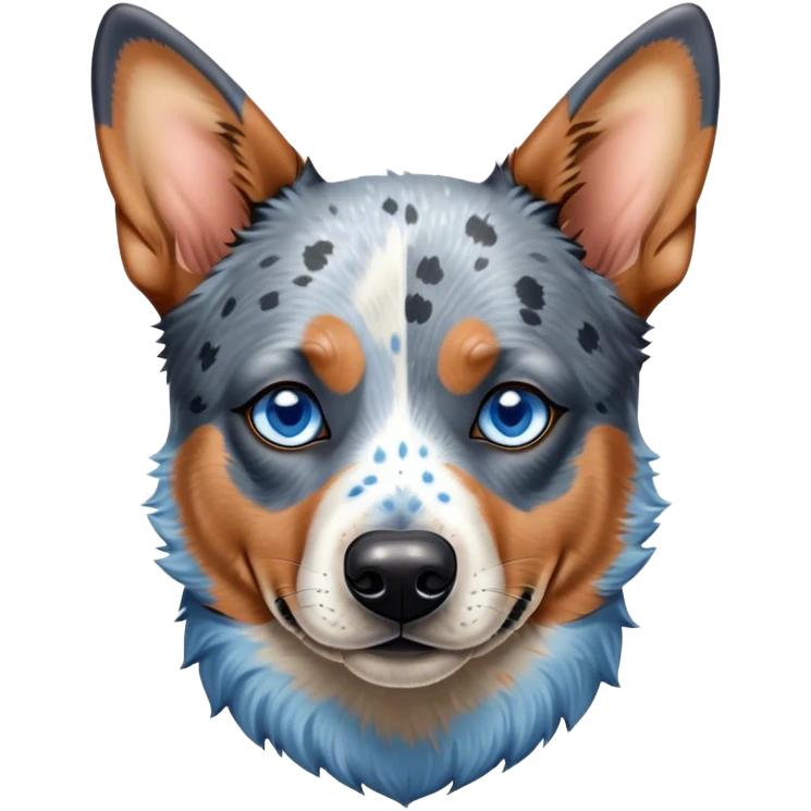 Cinematic Noble Blue Speckle Australian Cattle Dog Portrait Emoji, Poised and regal, with a robust, athletic build and a striking blue speckle Fur, piercing blue eyes, Simplified yet sharp and sophisticated features, highly detailed, glowing with a cool, dignified glow, high shine, intelligent and hardworking, stylized with an air of precision, focused and attentive, soft glowing outline, capturing the essence of a watchful and determined herder, so majestic it feels as though it could leap out of the screen with effortless authority! emoji