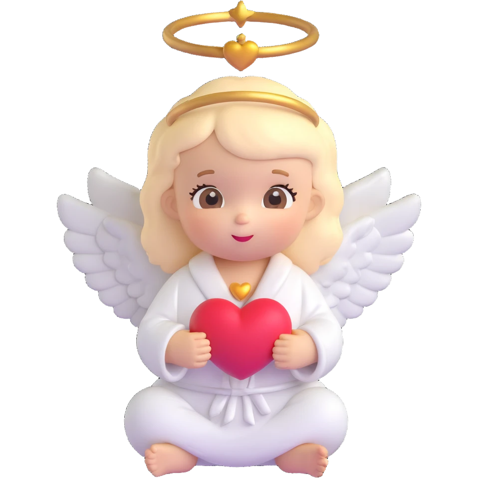 baby angel holding a heart, golden halo, white robe, blushing cheeks, cartoonish proportions emoji
