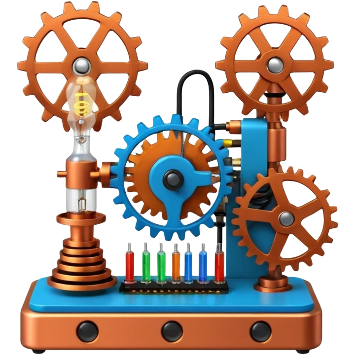 science, chemicals, mechanical gears, electronics, electric wires, light bulb, LED, resistors, circuit board, ic, physics,  nuclear model emoji