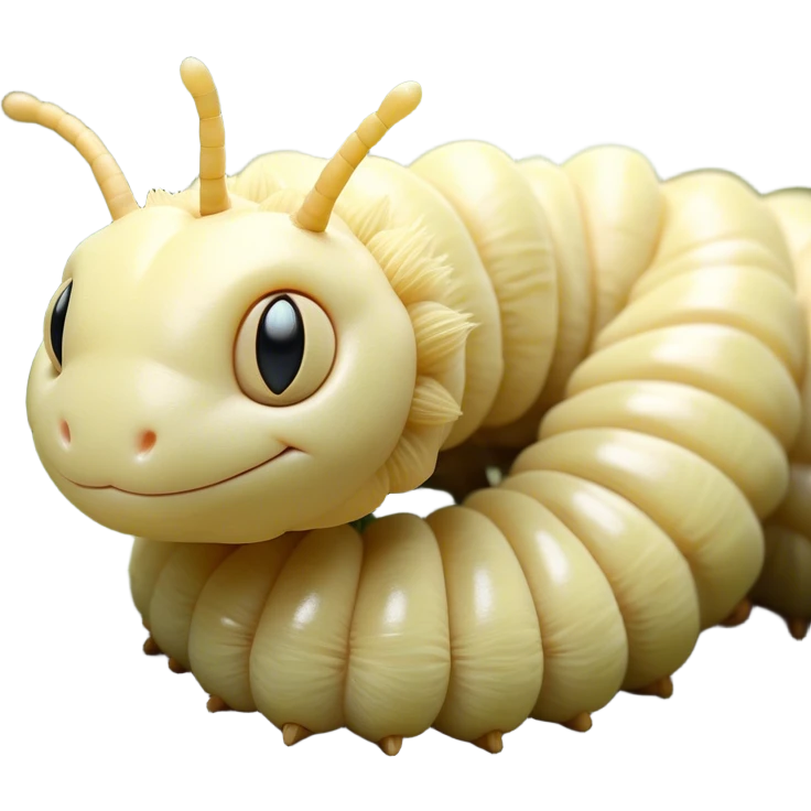 Beautiful and Majestic Caterpillar Portrait Emoji, Head and body rendered in serene repose with a gentle, content smile, showcasing a delicately segmented form with softly textured hues and eyes peacefully closed in tranquil slumber, Simplified yet exquisitely endearing features, highly detailed, glowing with a soft, drowsy natural light, high shine, relaxed and utterly noble, stylized with an air of graceful metamorphosis, soft glowing outline, capturing the essence of a beautiful and majestic caterpillar that embodies the quiet promise of transformation! emoji