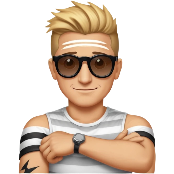 Create an emoji face with casey neistat sunglasses - and lightning bolts behind him - also add a stripe tatoo on his right arm emoji