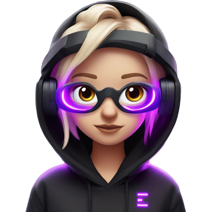 Russian girl wearing black hoody with violet letters "OMG", in vr headset oculus quest2. Standing like jedi. Cyberpunk style. Violet neon. emoji
