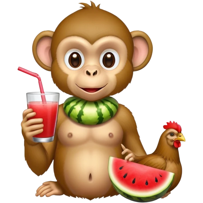 Monkey with chicken in mouth and watermelon juice emoji