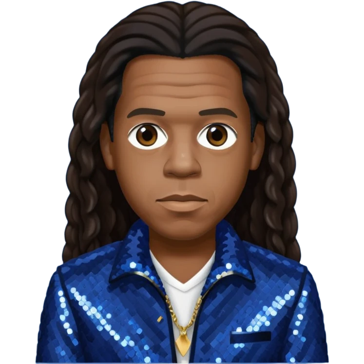 Jay-Z with long dark brown hair, dark blue sequin outfit emoji