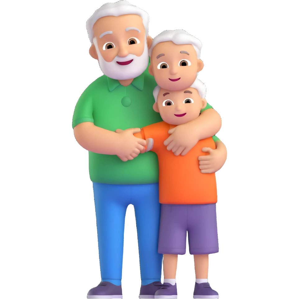 small kid giving a big hug to their granddad, cheerful and cute emoji