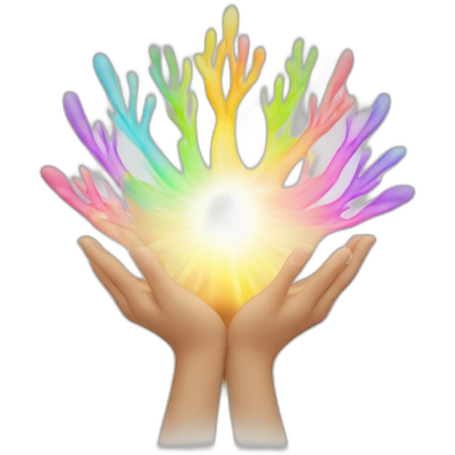 hands in a Reiki position, with a flowing aura of multicolored energy emanating from the palms emoji