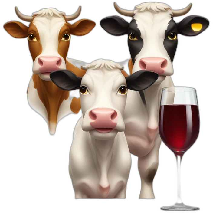 Three smiley cows with three glasses of wine emoji