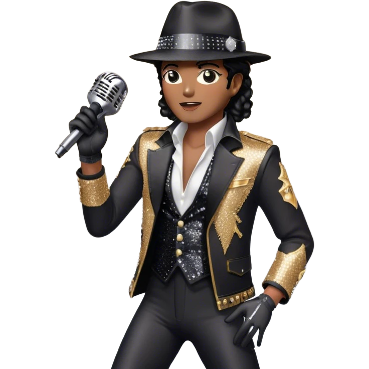 Create a dynamic emoji representing pop vocal performance with a vintage microphone as the centerpiece, surrounded by iconic elements of Michael Jackson's stage attire. Include the signature black sequined jacket, white gloves with rhinestones, and a fedora hat placed next to the mic, evoking the style and energy of classic pop performances. Add subtle sparkles or light effects around the microphone and the clothing to reflect the glamorous, energetic atmosphere of a pop concert. Use bold colors like black, silver, and gold to convey the showmanship and sophistication of pop music. The background should be transparent. emoji