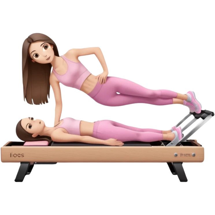 pretty skinny white brunette teen long hair with hazel eyes and a small waist in light pink workout clothes in a plank on a pilates reformer emoji