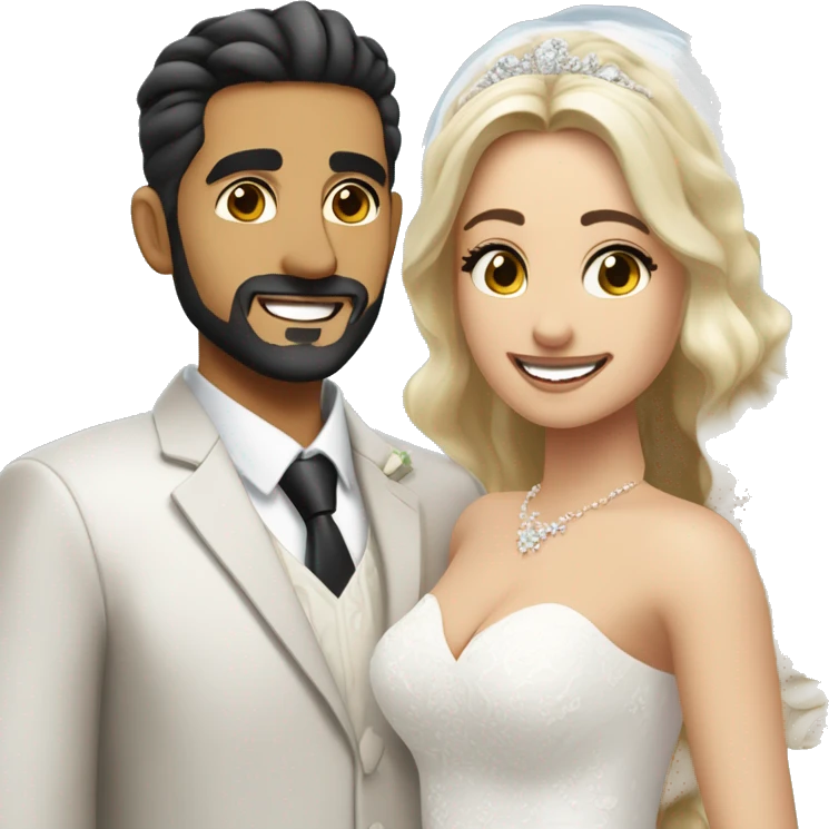 Wedding couple with Handsome middle eastern man with goatee aand big smile , black hair color , shaved hairstyle  , thick eyebrows , and the bride is beautiful , with blonde hair color  , hair down , and big upper chest emoji