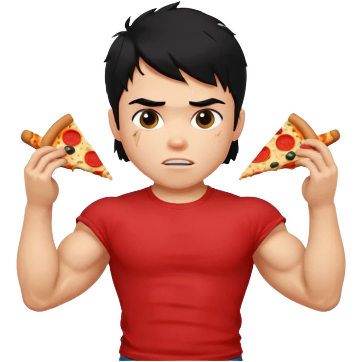 generate a pretty fair bratz boy with a messy mullet (black hair), wearing a red tshirt. eating pizza. He has big biceps and ripped emoji