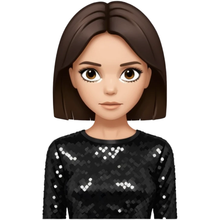 Victoria Beckham from Spice Girls with medium dark brown hair, black sequin outfit emoji