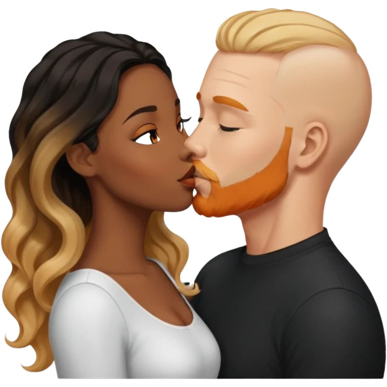 ebony black women with long brown/black wavy hair with blonde balayage highlights kissing bald white man. White man has orange facial hair emoji