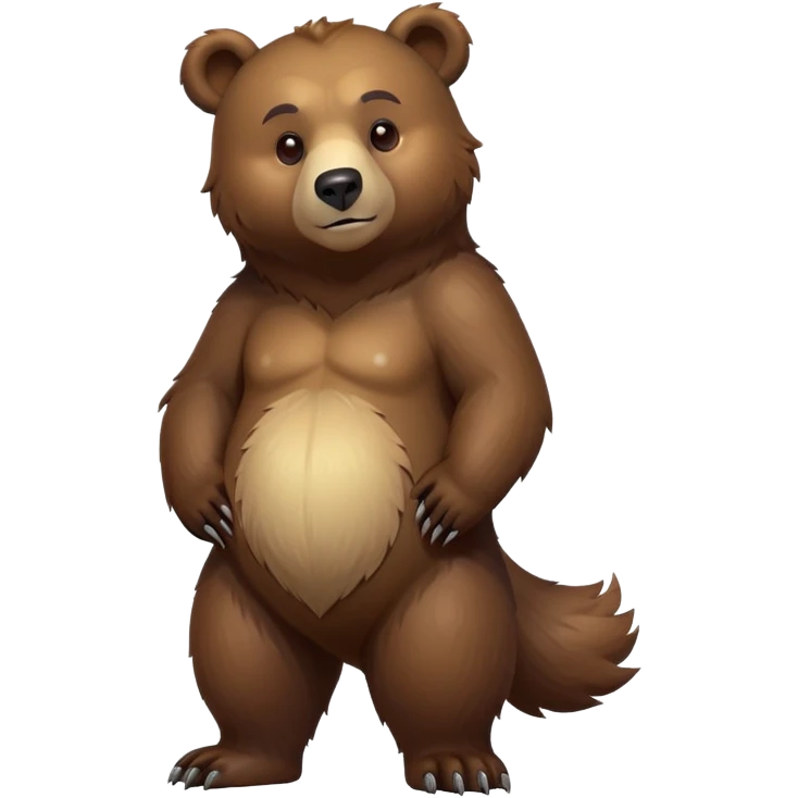 cinematic-[bear]-realistic-full-body-standing-emoji,-tail-tucked-close,-head-tilted-dramatically,-thick-[brown]-fur,-simplified-yet-realistic-focused-features,-highly-detailed,-glowing-with-an-almost-sarcastic-glow emoji
