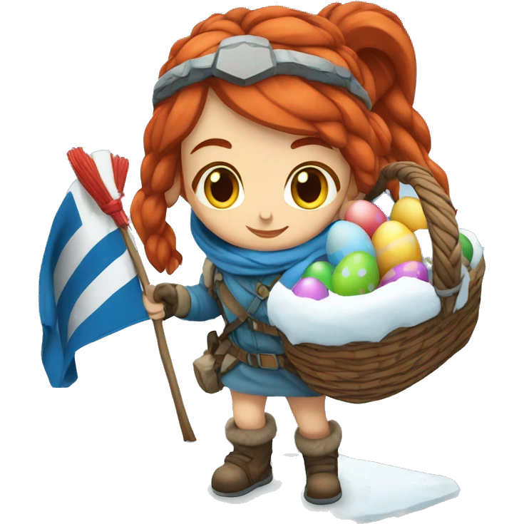 Greek Female winter mountaineer red hair white skin climbing with Greek Flag and Easter eggs basket emoji