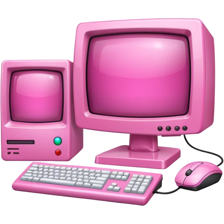 shiny pink translucent 90s computer with CRT monitor, keyboard, PC tower, mouse emoji