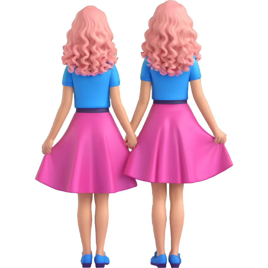 Create a 3D iOS emoji style image of a girl with long curly hair wearing a blue top and pink skirt, holding her dress, seen from the back. The image should be shiny and glossy on a white background. emoji