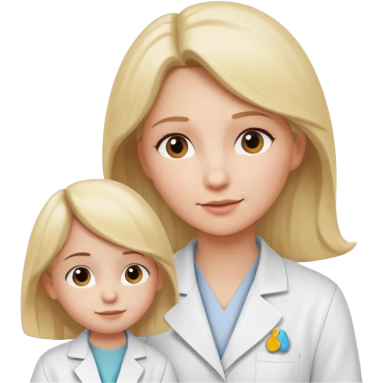 Mostre uma mulher vestida de jaleco branco, atendendo uma criança, expressão leve e detalhamento suave típico de emojis modernos. A cena deve ter um visual limpo, com sombras sutis e contornos suaves, mantendo o estilo cartoon 3D usado em emojis do iOS. Mantendo coerência com o estilo emoji.” emoji