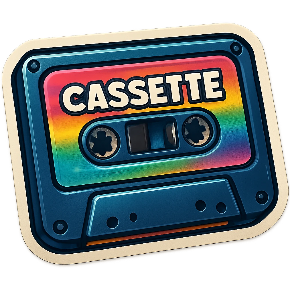 a cassette tape with colorful label, retro sticker style emoji