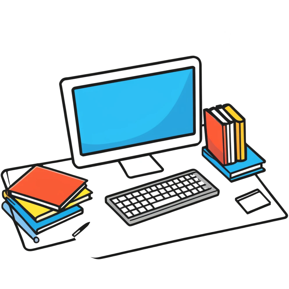 Computer on a desk with scattered books and notebooks emoji