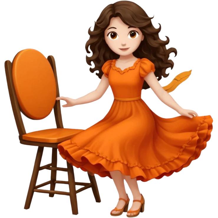 Long dark wavy hair women in orange standing and twirling around a chair  emoji