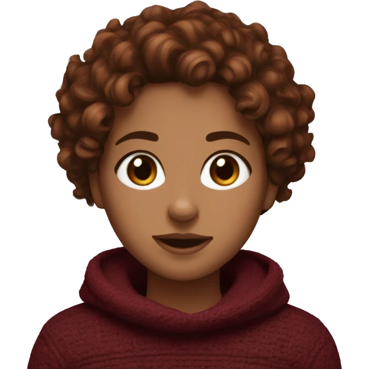 Girl with type 3B big curly copper brown hair, medium dark brown eyes, pals skin, wearing a maroon sweater  emoji