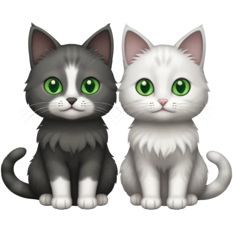 2 different coloured small cats including a dark grey and white and a completely solid dark grey with green eyes and only white paws emoji