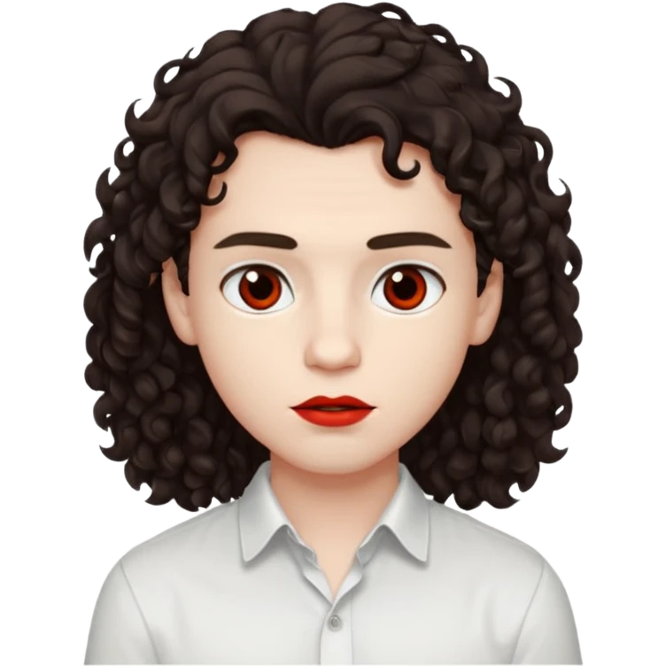 boy, really dark brown hair, curly hair, dark brown eyes, pale skin, red lips, long hair emoji