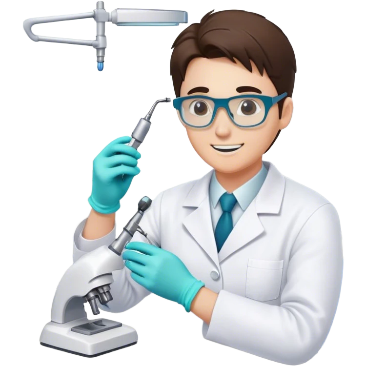 a dental technician at work, focusing on their upper half. they are wearing a white lab coat, protective glasses, and gloves, carefully crafting a dental prosthetic with precision tools. the background shows a clean, organized workspace with dental molds and equipmentDental technician  emoji