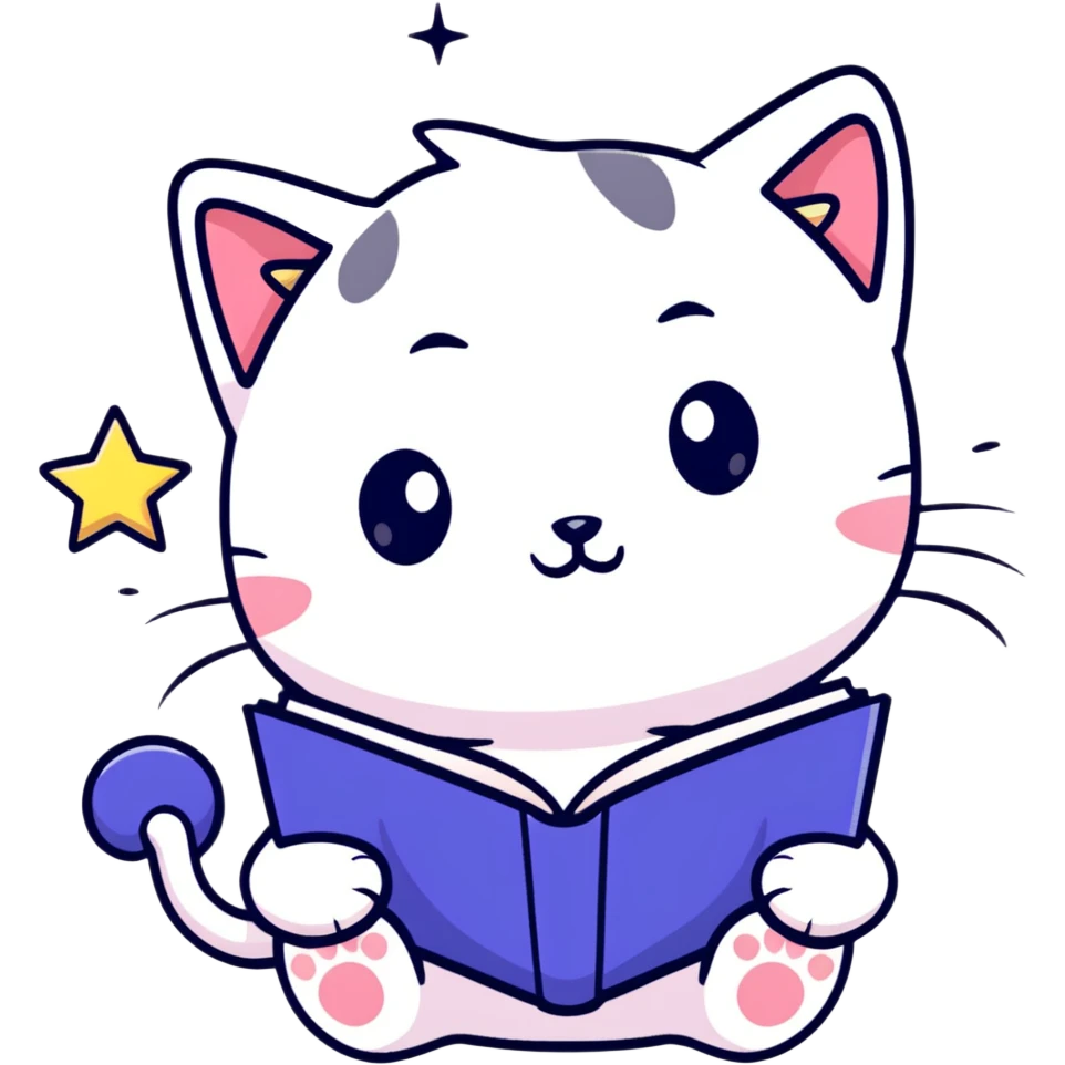 A kitten holding a book with stars in its eyes emoji