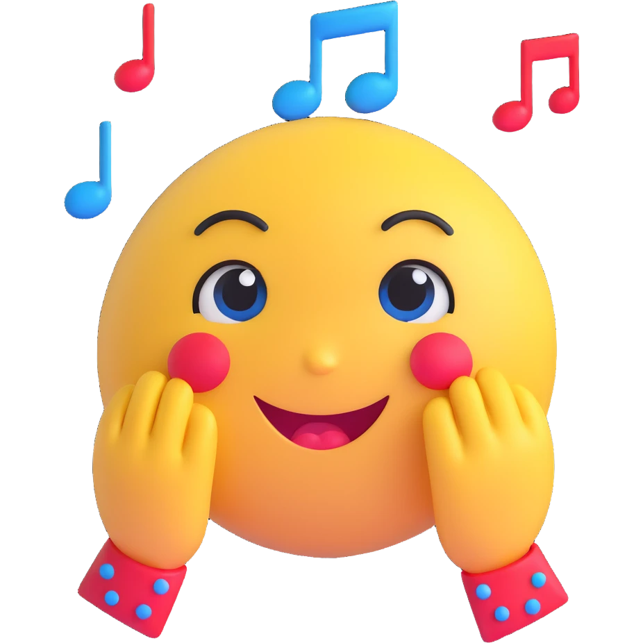 3D smiley emoji, large eyelashes, red polka dot bow, crying, tears, blue eyes, musical notes emoji