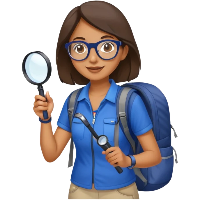 Happy woman hiker with glasses in vibrant dark blue and white outfit, backpack, holding magnifying glass emoji