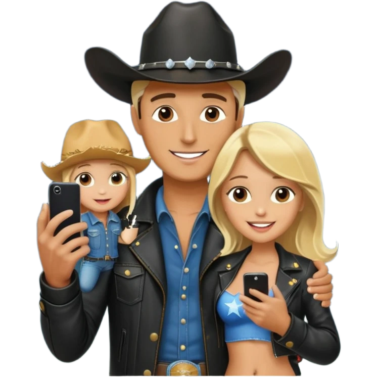 happy man in a leather jacket and cowboy hat holding a tiny naked blonde woman like a phone, with a starry sky background emoji