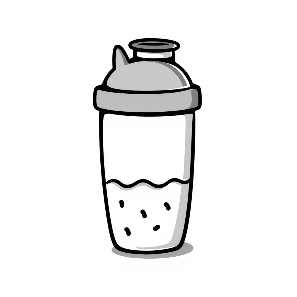 A protein shake in a shaker bottle with details in pastel colors (dd9fb0, ffc6d3, a3bfc9, c4bee2, f1b091), hand-drawn doodle style emoji