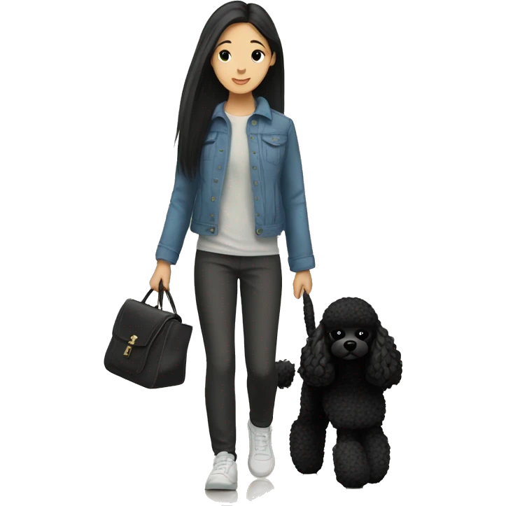 One Korean girl with black long straight hair with one black poodle is walking. emoji