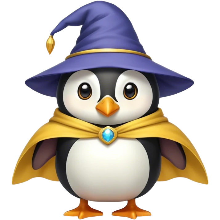 Wizard penguin with a yellow hat and a cape emoji