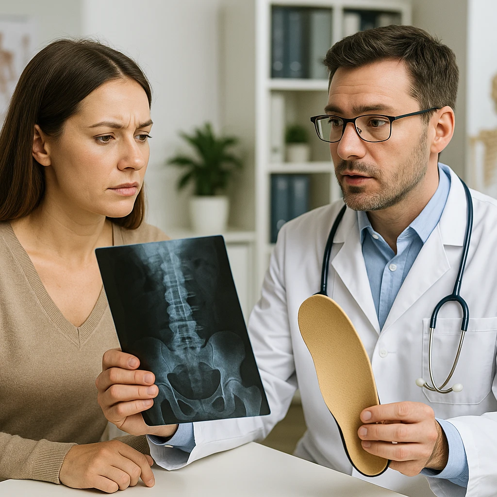 Realistic 4K image of a woman consulting an orthopedist who is showing an X-ray, showing an orthotic insole and explaining her postural problems, professional medical environment. emoji