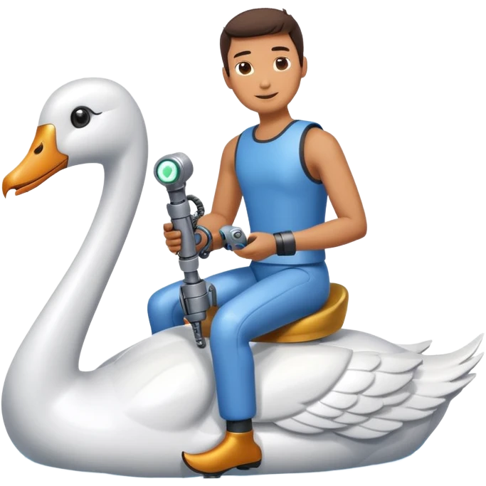 Guy with robot arm riding swan emoji